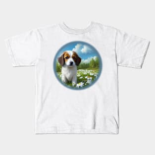 Small white dog runs through a flower field Kids T-Shirt